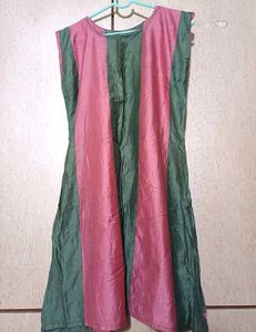Peach-Olive Colour Silk Boat Neck Kurti