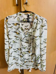 Charming Bird Print Sheer V-Neck Blouse Top