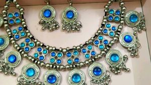 Blue 💙 Silver Oxidised Necklace With Earrings