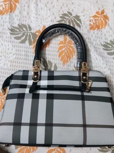 Plaid Satchel Bag With Black And White Canvas Prin