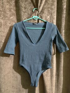 Blue Ribbed V-Neck Top