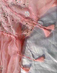 Beutiful Peach Chikankari Mirror Work Kurti/ Tunic