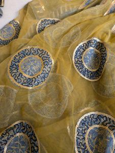 Mustard grey golden designer saree