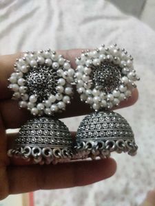 Silver Jhumka Earrings with Pearl Details
