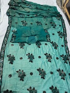 Emerald Green And Black Floral Saree