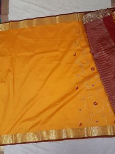New smooth Silk saree turmeric yellow- maroon