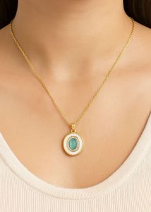 Anti Tarnished Gold Necklace with Green Stone