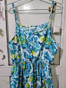 Sky Blue And Green Floral Print Dress
