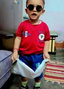 Cute Boy's Red T-Shirt & Denim Shorts