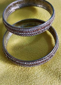 Silver Stone-Studded Metal Bangles (Set of 2)