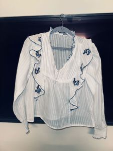 Ruffled Embroidered White Blouse
