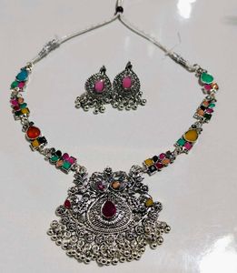 Trending Oxidized Multicolor Stones Silver Look Al