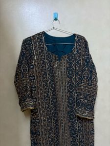 Bottle Green Heavy Printed Suit 3 pcs set