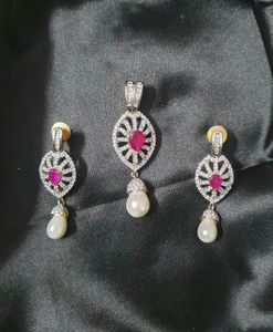 AD Diamond with Pure Pearl & Ruby Pendant Set
