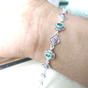 Pure Silver Antique Oxidised Pink&amp;Green CZ Bracele