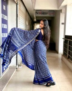 New Elegant Blue Printed Saree With Blouse Piece