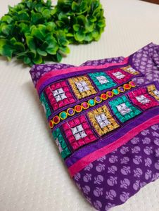 Purple Cotton Printed Kurta with Embroidered Yoke