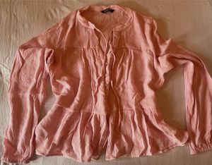 Pink Crinkle-Texture Button-Down Blous