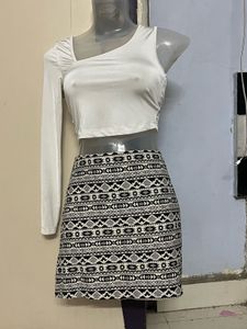 Corset One-Sleeve Top &amp; Patterned Mini Skirt