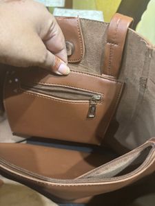 Brown Leather Tote Office Bag With Pouch