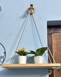 Wooden Macrame Hanging Shelf With Ikea Plants