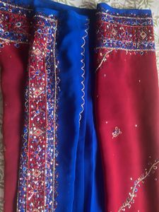 Red &amp; Blue Sequins &amp; Embroidered Saree