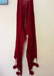 Woollen Red Scarf with Pom Poms