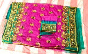 Purple &amp; Green Heavy Embroidered Net Saree with Bl