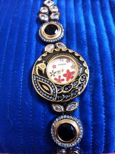 Classy Black And Golden Watch With Studded Stones