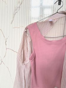 Pink Striped Shirt &amp; cape Top Set