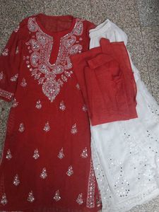 Red Embroidered Kurta Set