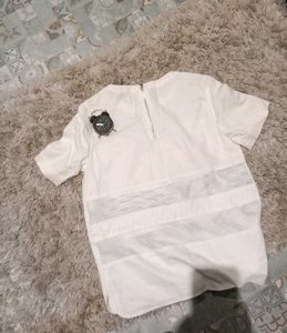 White Striped Mesh Detail Top