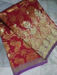 Red & Gold Silk Saree with Peacock Border