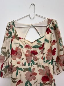 Cream-Coloured &amp; Maroon Floral Printed Dress