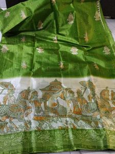 Vintage Style Green &amp; White Printed Silk Saree
