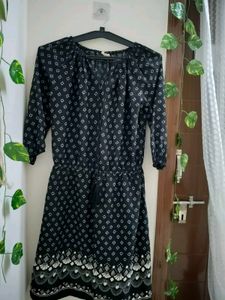 Black Printed Dress with Drawstring
