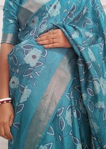 Teal Floral Print Saree With Blouse