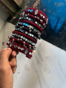 Maroon Black Mirror Work Woollen Bangals