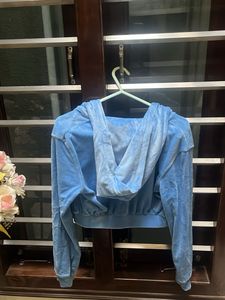 y2k h&amp;m Blue Velour Cropped Hoodie