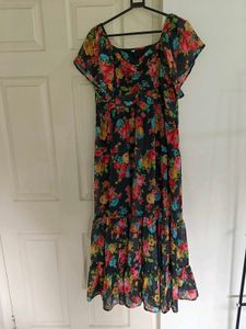 Floral Print Black Long Dress
