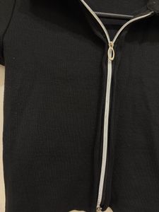 Black Ribbed Zip-Up Collared Top