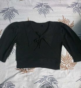 Black Ribbed Tie-Front Top