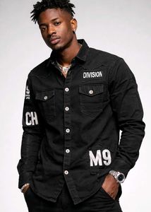 Stylish Black Graphic Denim Shirt, M Size