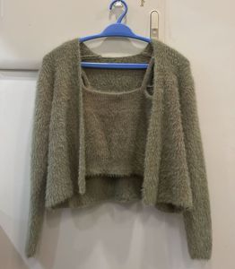 Sage Green Fuzzy Crop Top & Cardigan Set