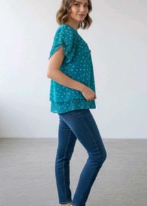 Aqua Polka Dot Flutter Sleeve Top
