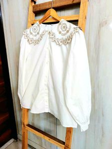 Elegant White Embroidery Blouse Size-42