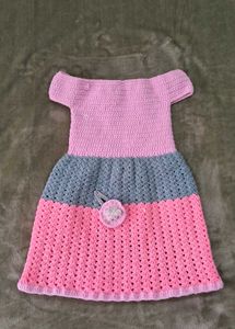 Handmade Crochet Frock with Pink Flower Hair Clip