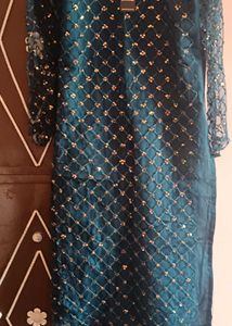 Teal Embellished Kurti with Mesh Sleeves