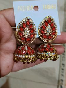 Red & Gold Jhumka Earrings