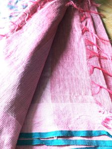 Pink Linen Saree with Blue Border